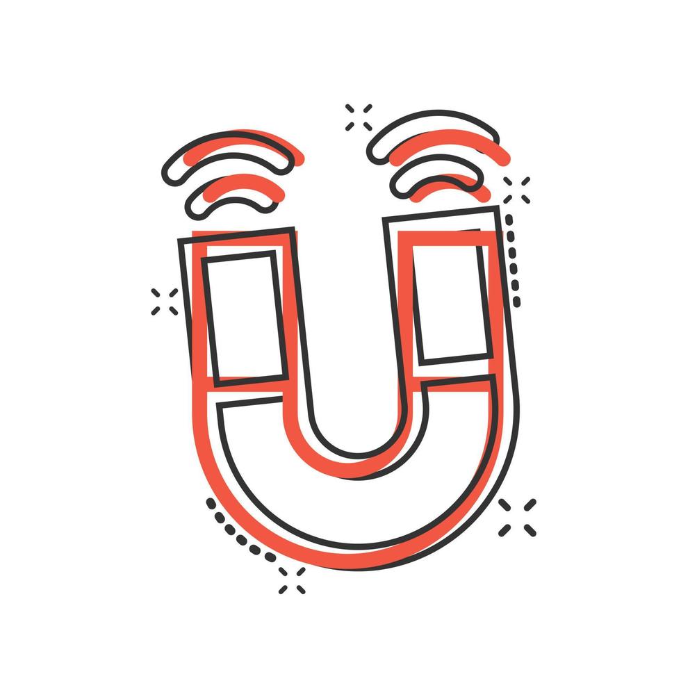Magnet icon in comic style. Attract cartoon vector illustration on white isolated background. Electromagnetic splash effect business concept.