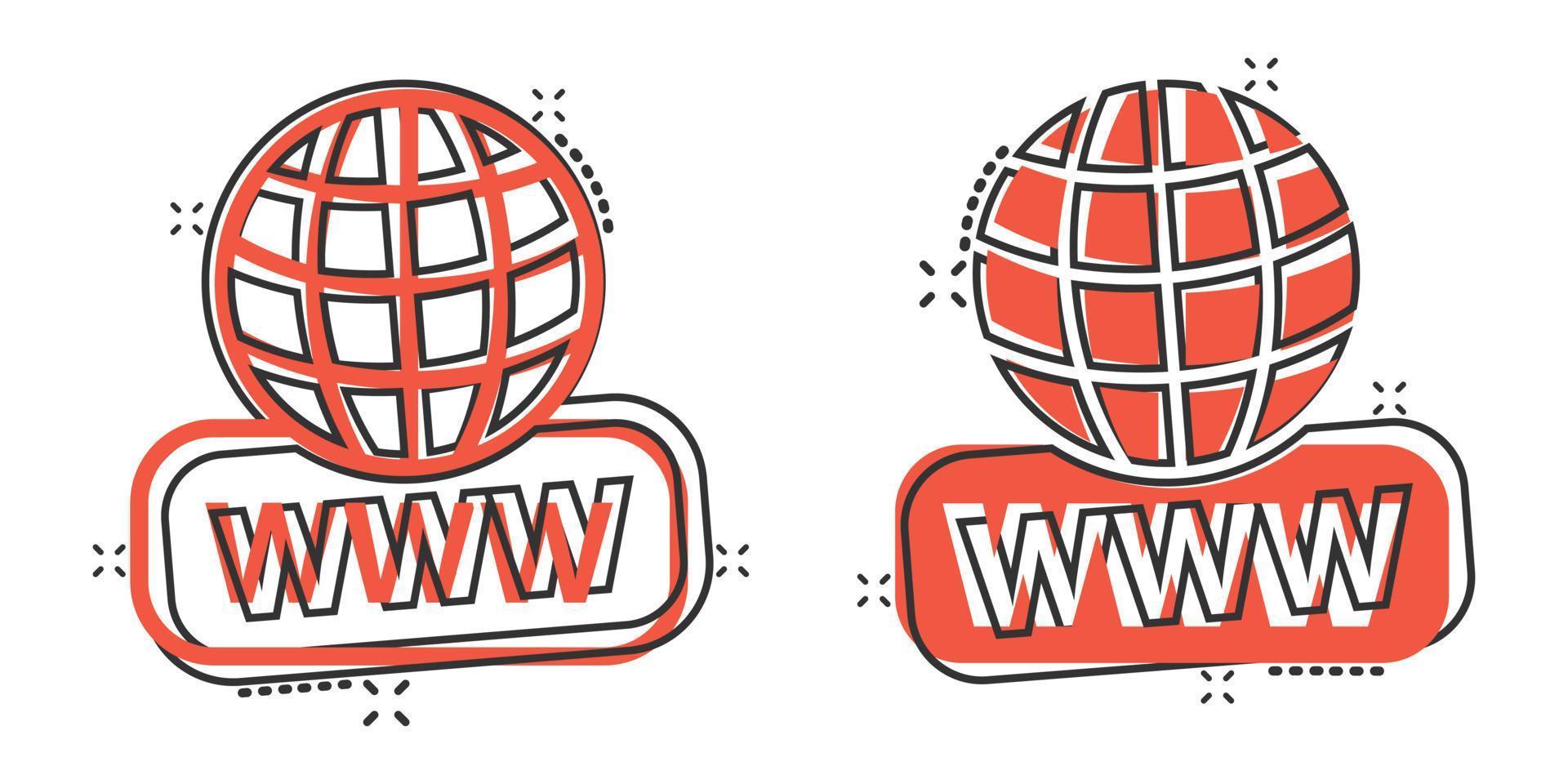 Global search icon in comic style. Website address cartoon vector illustration on white isolated background. WWW network splash effect business concept.