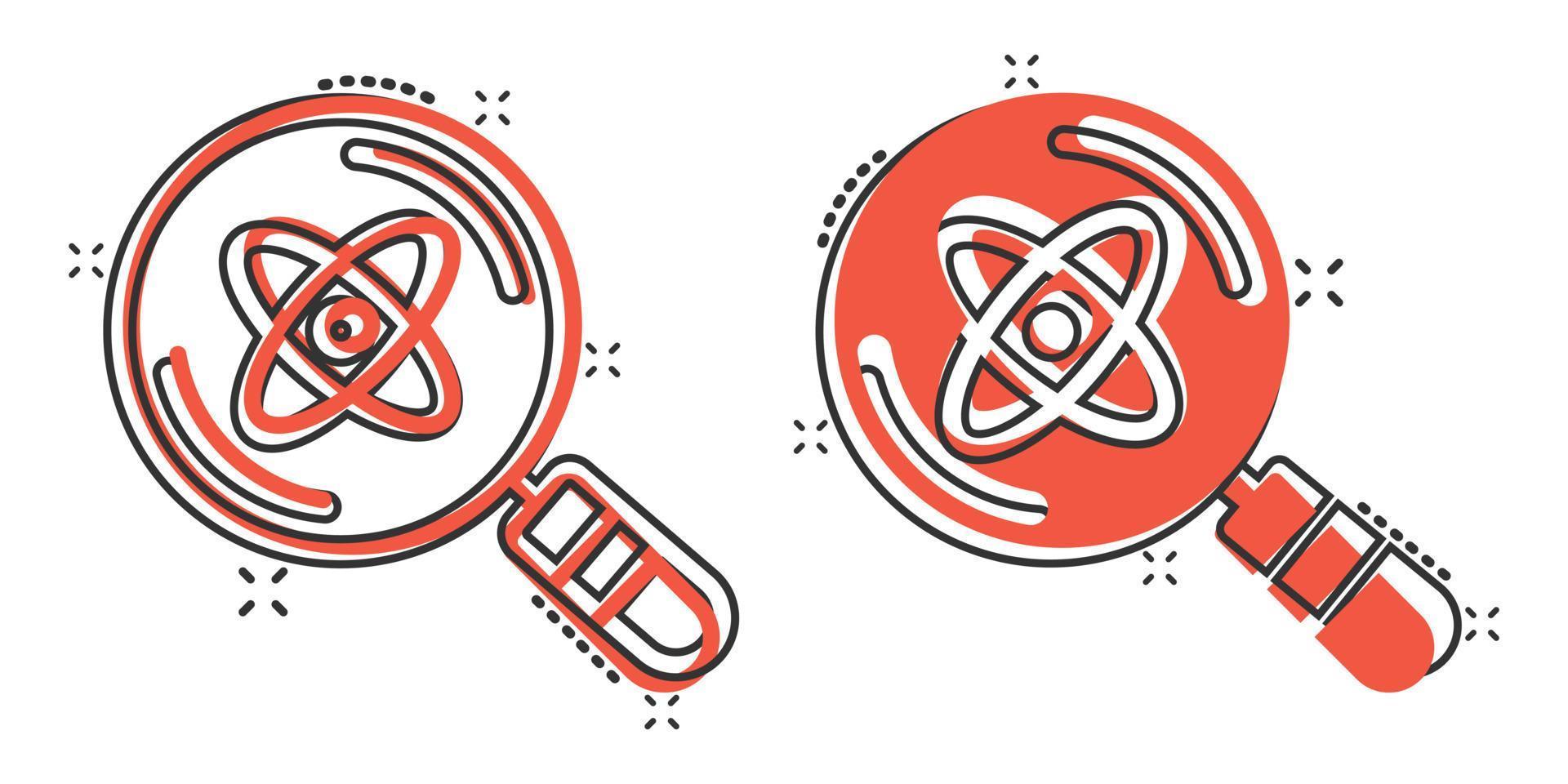 Science magnifier icon in comic style. Virus search cartoon vector illustration on white isolated background. Chemistry dna splash effect business concept.