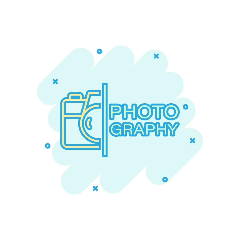 Camera device sign icon in comic style. Photography vector cartoon illustration on white isolated background. Cam equipment business concept splash effect.