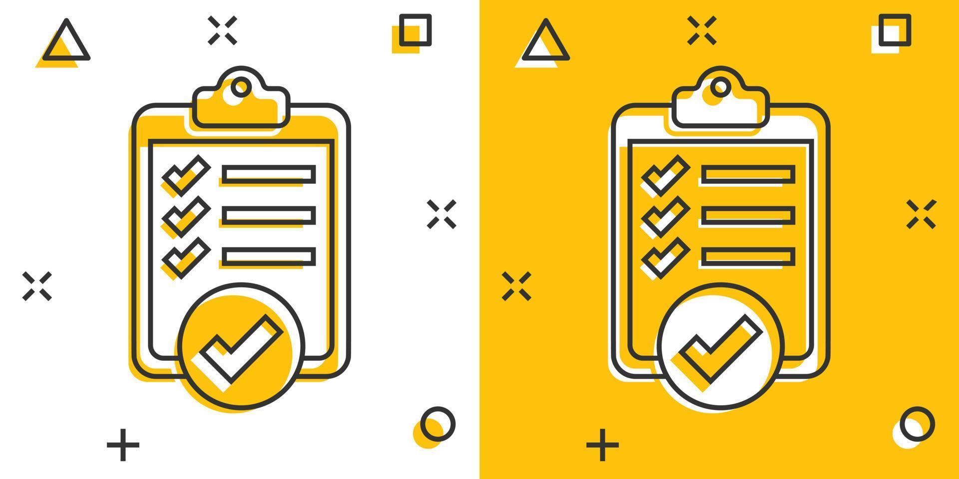 To do list icon in comic style. Document checklist cartoon vector illustration on white isolated background. Notepad check mark splash effect business concept.