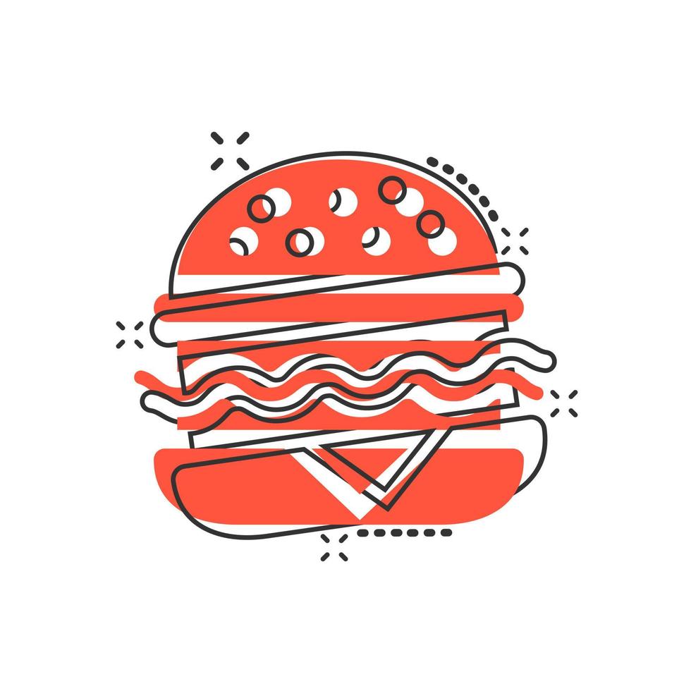 icono de signo de hamburguesa en estilo cómico. ilustración de dibujos animados de vector de hamburguesa sobre fondo blanco aislado. efecto de salpicadura de concepto de negocio de hamburguesa con queso.