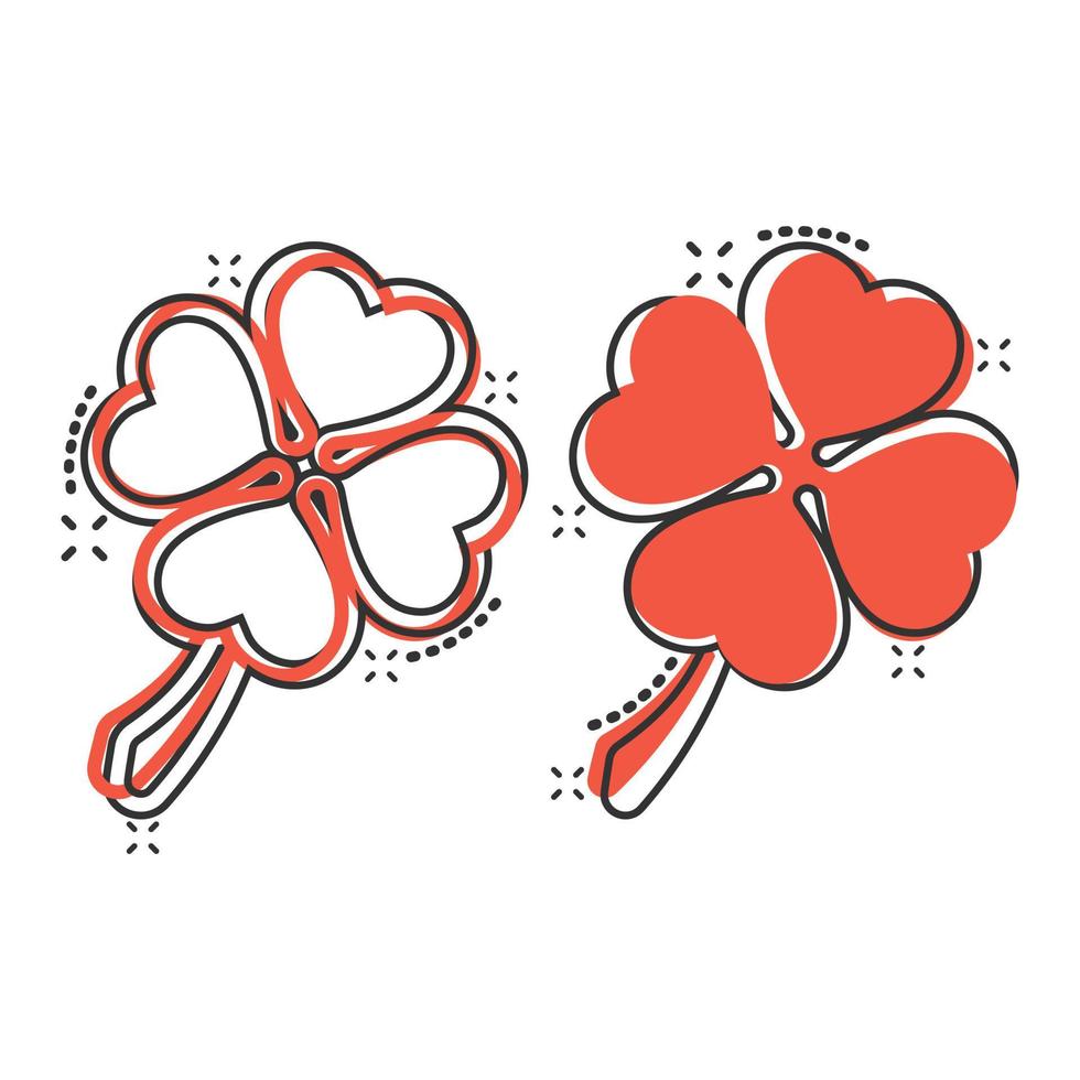 Four leaf clover icon in comic style. St Patricks Day cartoon vector illustration on white isolated background. Flower shape splash effect business concept.