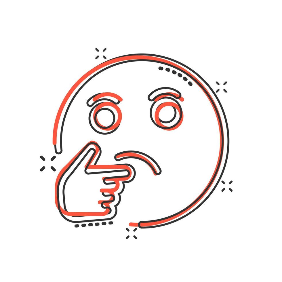 icono de cara de pensamiento en estilo cómico. Sonrisa emoticono vector ilustración de dibujos animados sobre fondo blanco aislado. concepto de negocio de efecto de salpicadura de carácter.