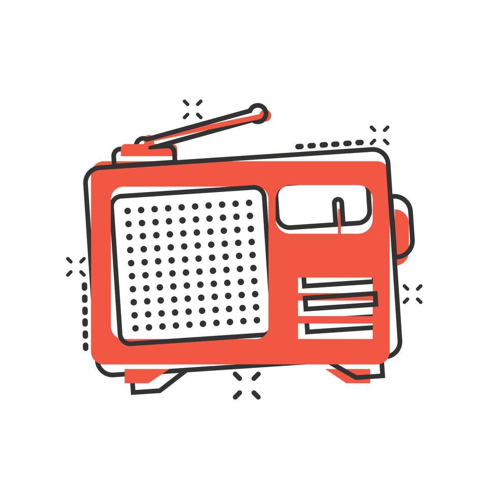 icono de radio en estilo cómico. ilustración de vector de dibujos animados de transmisión fm sobre fondo blanco aislado. concepto de negocio de efecto de salpicadura de radiodifusión.