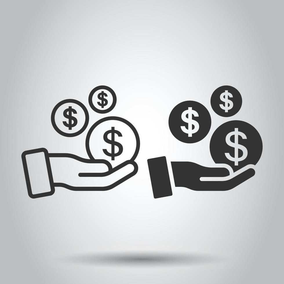 Remuneration icon in flat style. Money in hand vector illustration on white isolated background. Coin  payroll business concept.