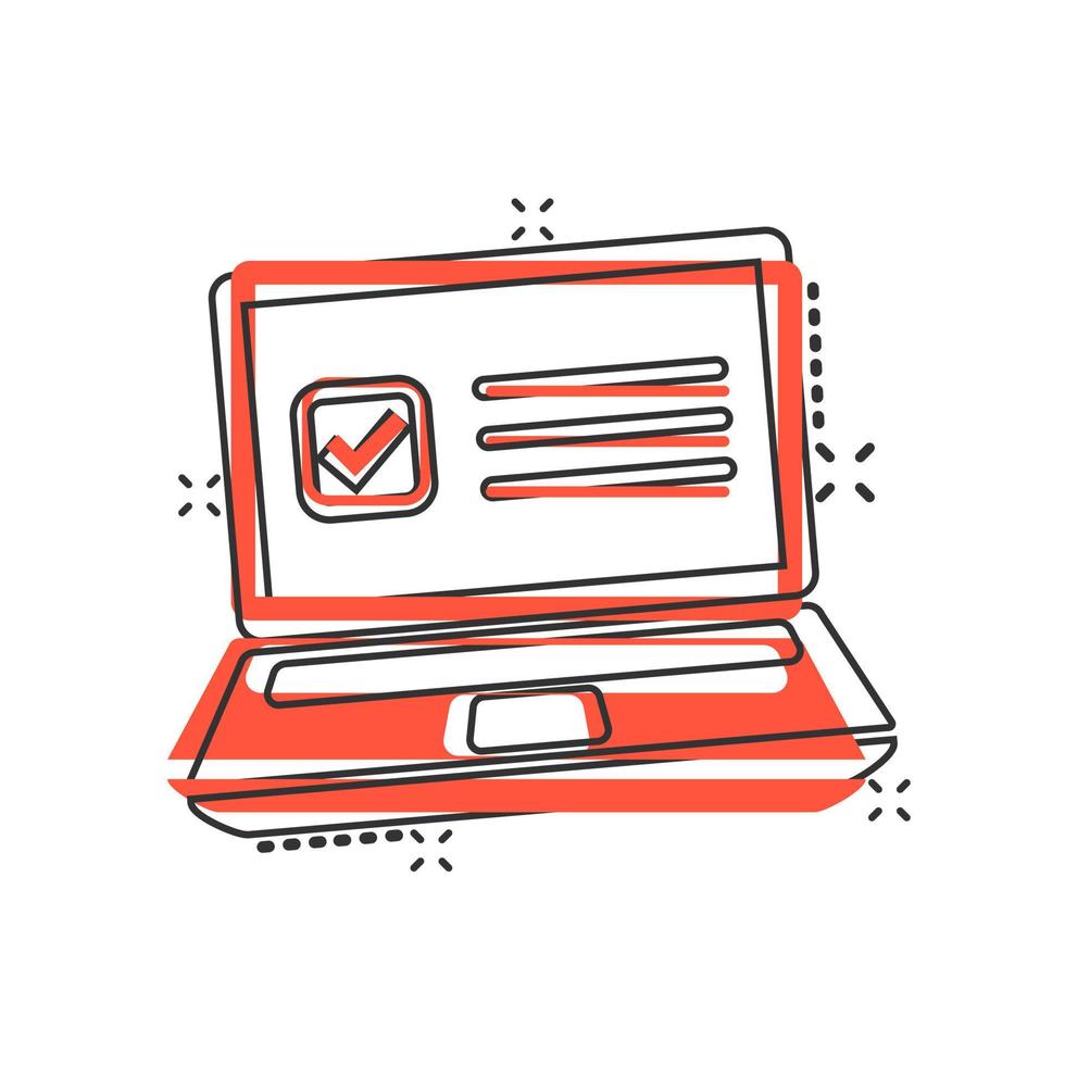 Questionnaire laptop icon in comic style. Online survey vector cartoon illustration on white isolated background. Checklist report splash effect business concept.