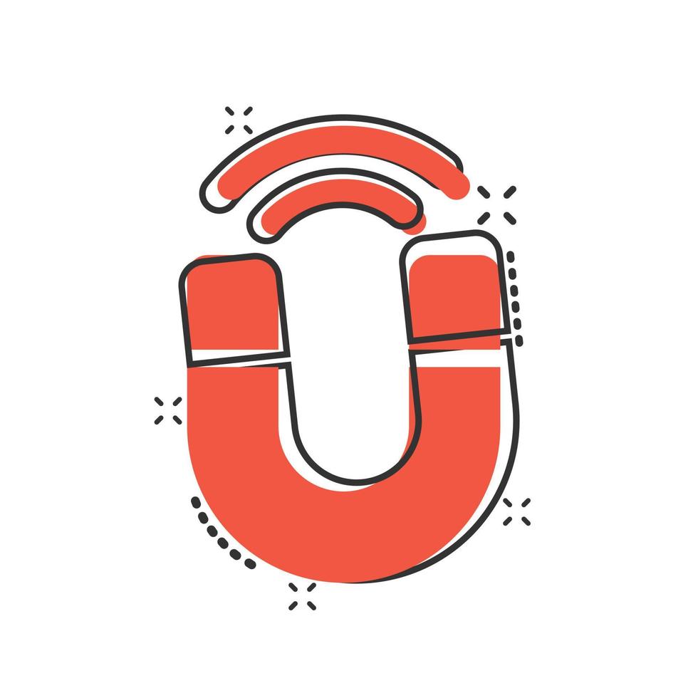 Magnet icon in comic style. Attract cartoon vector illustration on white isolated background. Electromagnetic splash effect business concept.