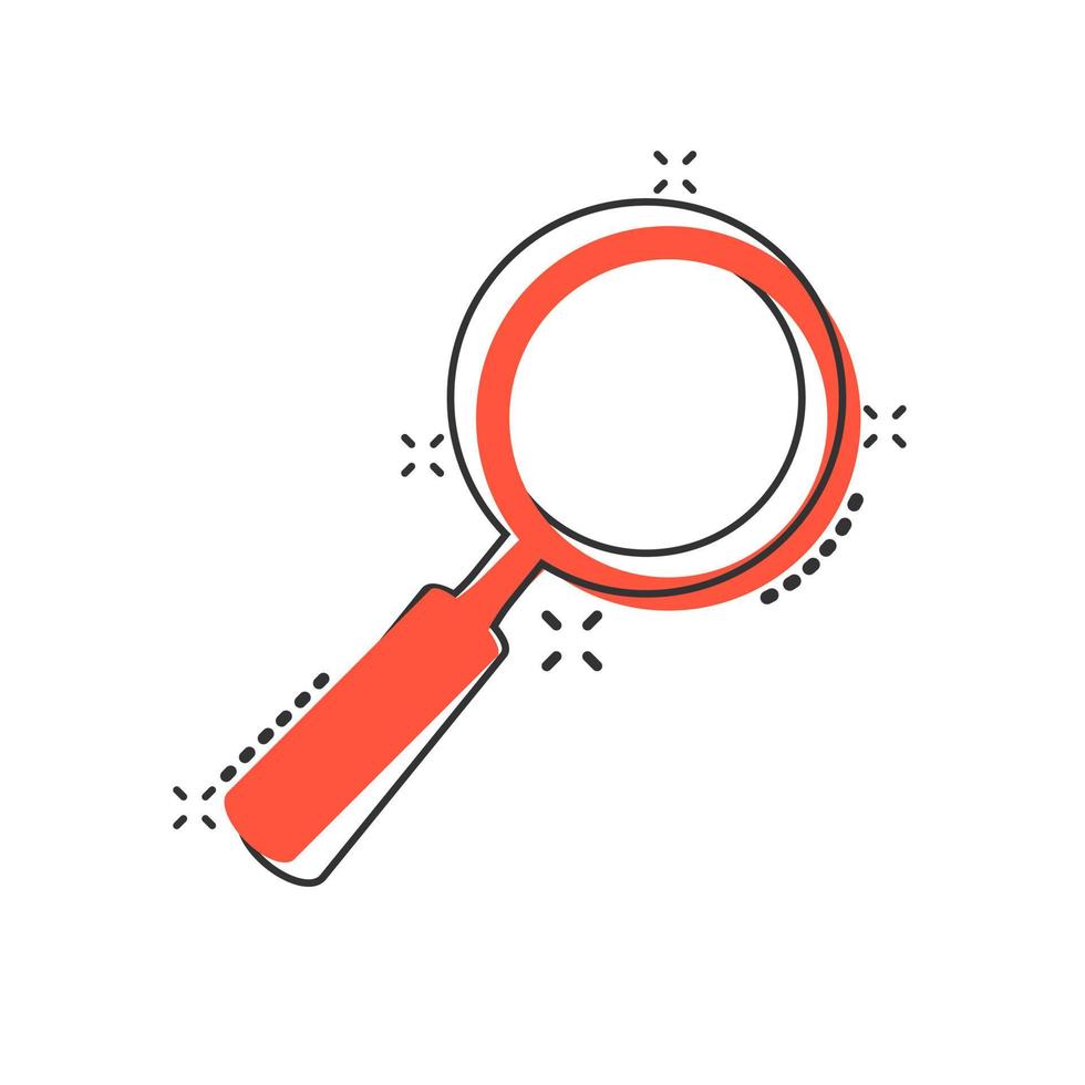 Loupe sign icon in comic style. Magnifier vector cartoon illustration on white isolated background. Search business concept splash effect.