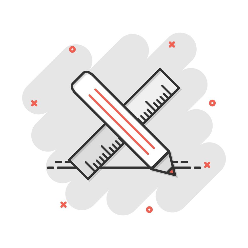 vector dibujos animados lápiz con regla icono en cómic estilo. regla metro firmar ilustración pictograma. oficina engranaje negocio chapoteo efecto concepto.