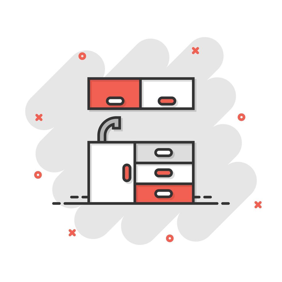 icono de muebles de cocina en estilo cómico. ilustración de vector de dibujos animados de cocina sobre fondo blanco aislado. concepto de negocio de efecto de salpicadura de sala de cocina.