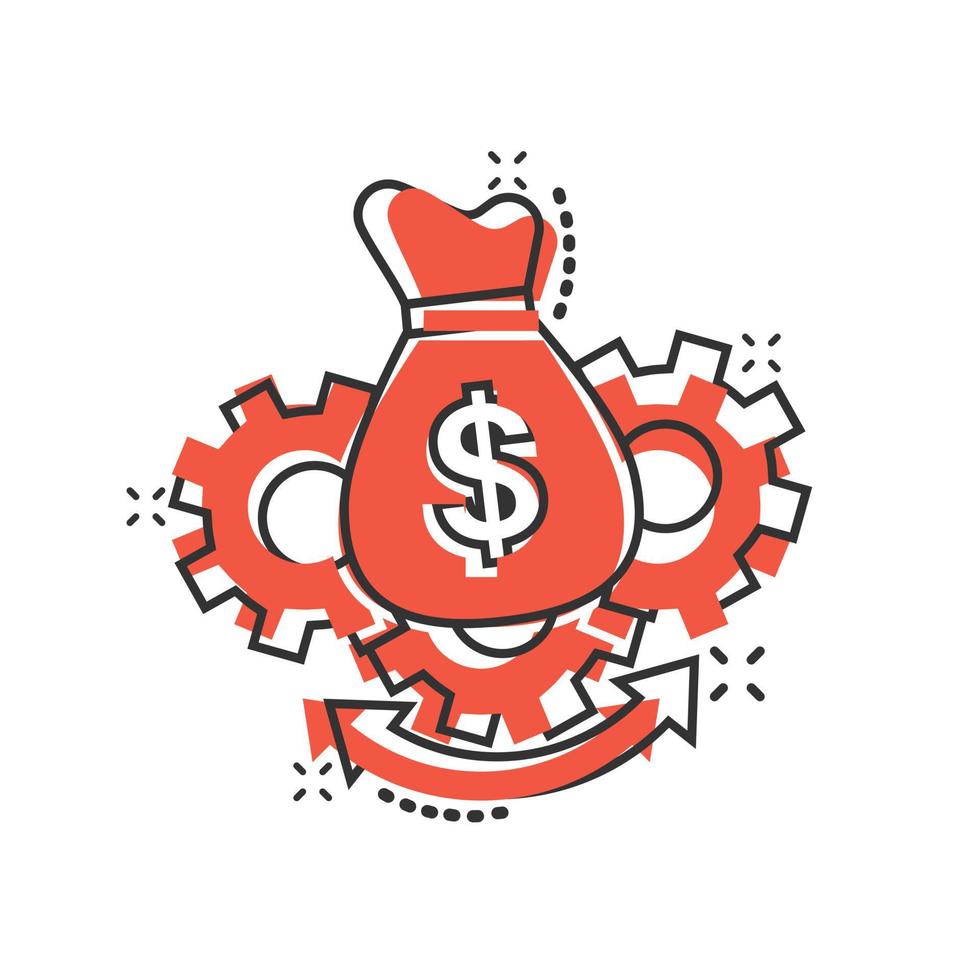 Money optimization icon in comic style. Gear effective cartoon vector illustration on white isolated background. Finance process splash effect business concept.