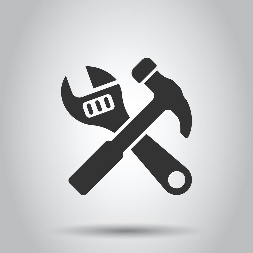 Hammer with wrench icon in flat style. Work instrument vector illustration on white isolated background. Repair equipment business concept.