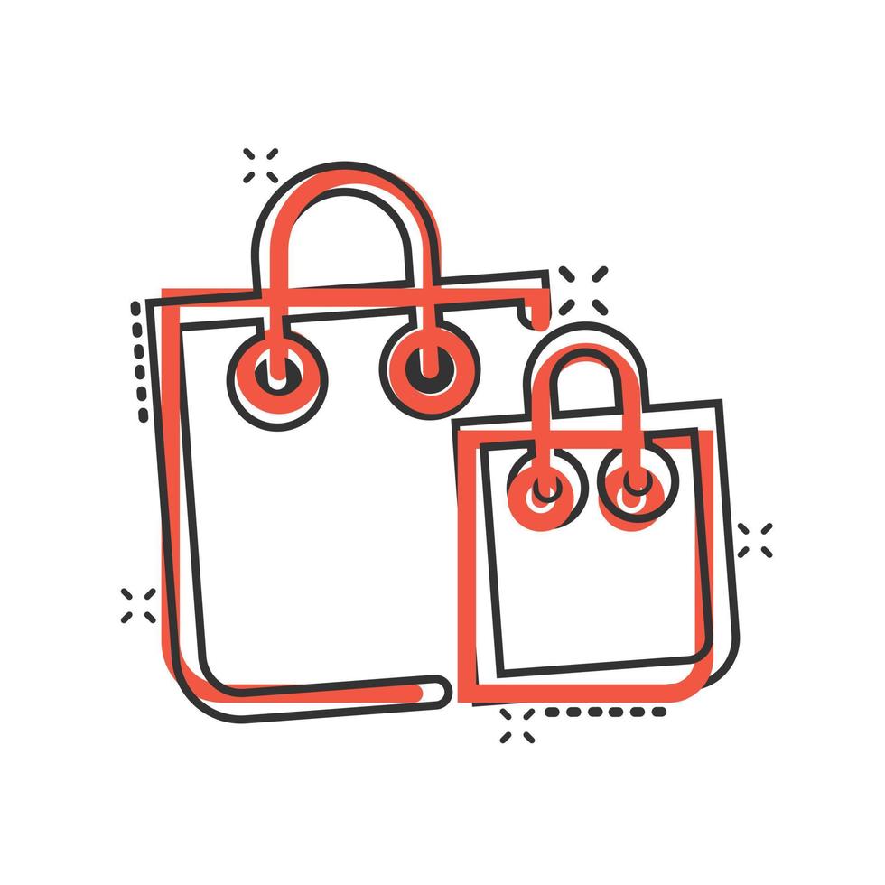 Shopping bag icon in comic style. Handbag cartoon sign vector illustration on white isolated background. Package splash effect business concept.