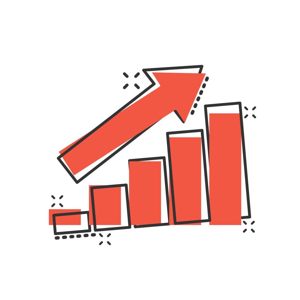 creciente icono de gráfico de barras en estilo cómico. aumentar la ilustración de vector de dibujos animados de flecha sobre fondo blanco. concepto de negocio de efecto de salpicadura de progreso infográfico.