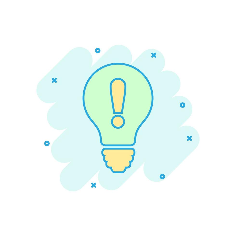 Problem solution icon in comic style. Light bulb idea vector cartoon illustration on white background. Question and answer business concept splash effect.