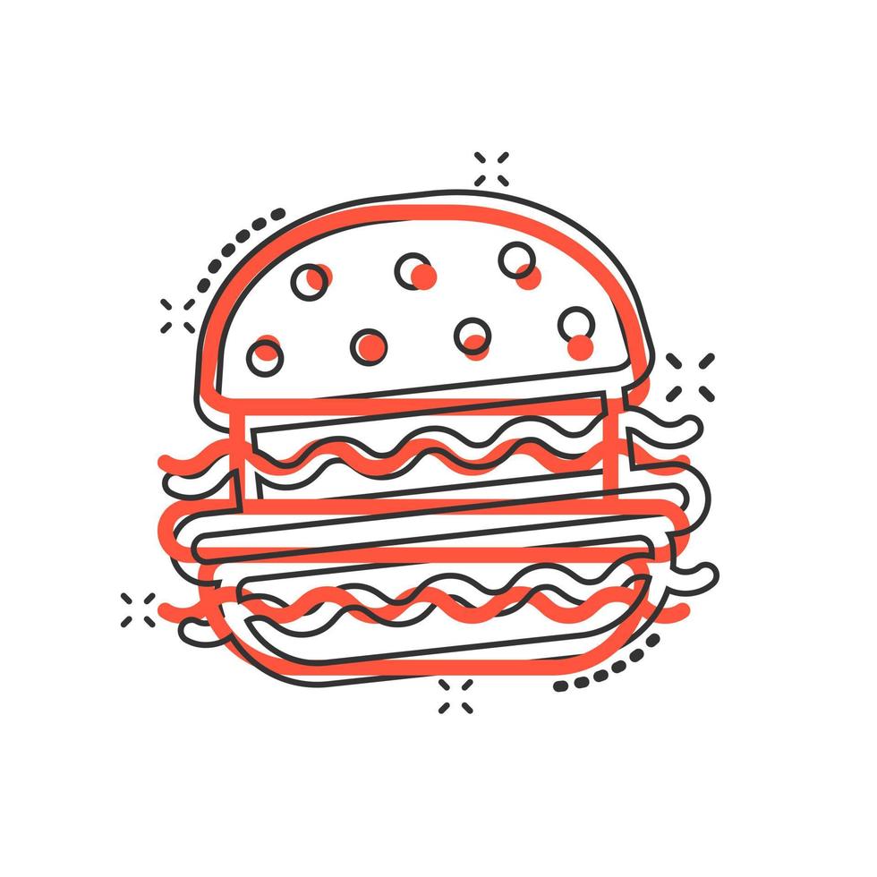 Burger sign icon in comic style. Hamburger vector cartoon illustration on white isolated background. Cheeseburger business concept splash effect.