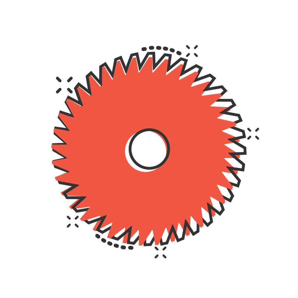 Saw blade icon in comic style. Circular machine cartoon vector illustration on white isolated background. Rotary disc splash effect business concept.
