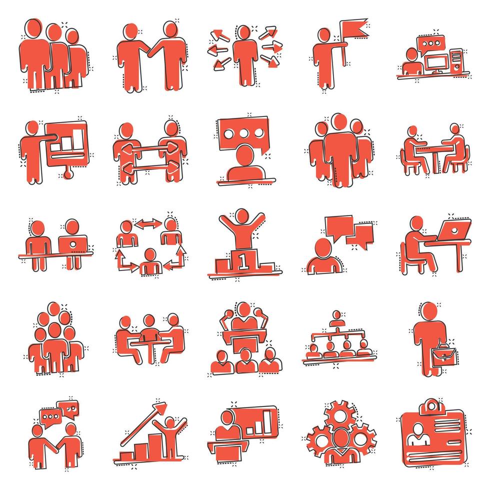 Business communication contour icon set in comic style. Team structure cartoon line vector illustration on white isolated background. Office teamwork linear stroke splash effect business concept.