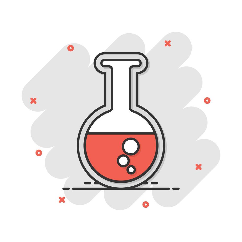 icono de tubo de ensayo químico de dibujos animados vectoriales en estilo cómico. pictograma de ilustración de signo de cristalería de laboratorio. concepto de efecto de salpicadura de negocio de matraces. vector