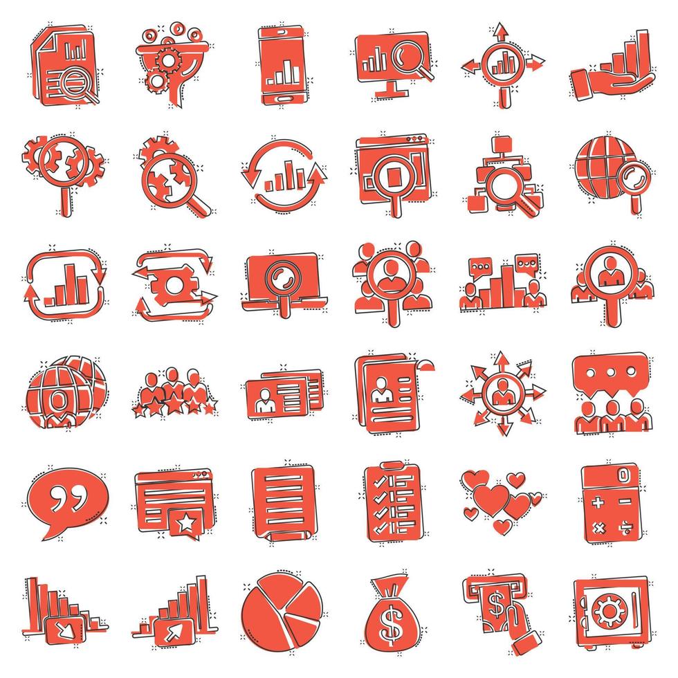 Global money icon set in comic style. Global information cartoon vector illustration on white isolated background. Finance data splash effect business concept.