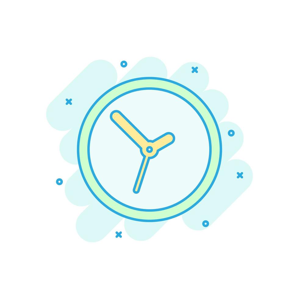 icono de signo de reloj en estilo cómico. ilustración de dibujos animados de vector de gestión de tiempo sobre fondo blanco aislado. efecto de salpicadura de concepto de negocio de temporizador.