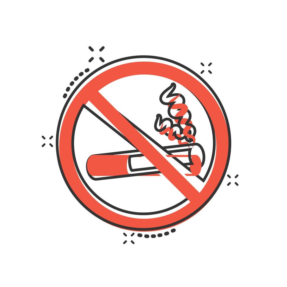 icono de señal de no fumar en estilo cómico. ilustración vectorial de dibujos animados de cigarrillos sobre fondo blanco aislado. concepto de negocio de efecto de salpicadura de nicotina. vector