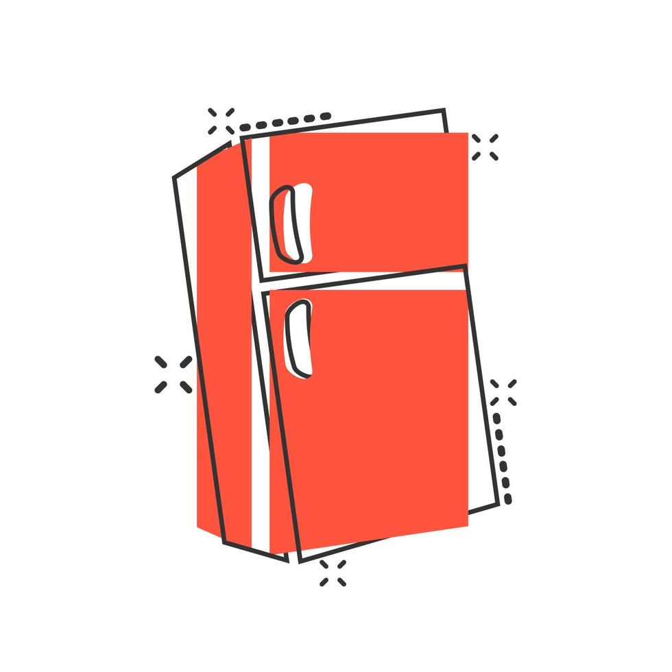 icono de nevera en estilo cómico. Pictograma de ilustración de dibujos animados de vector de contenedor de congelador. efecto de salpicadura de concepto de negocio de nevera.