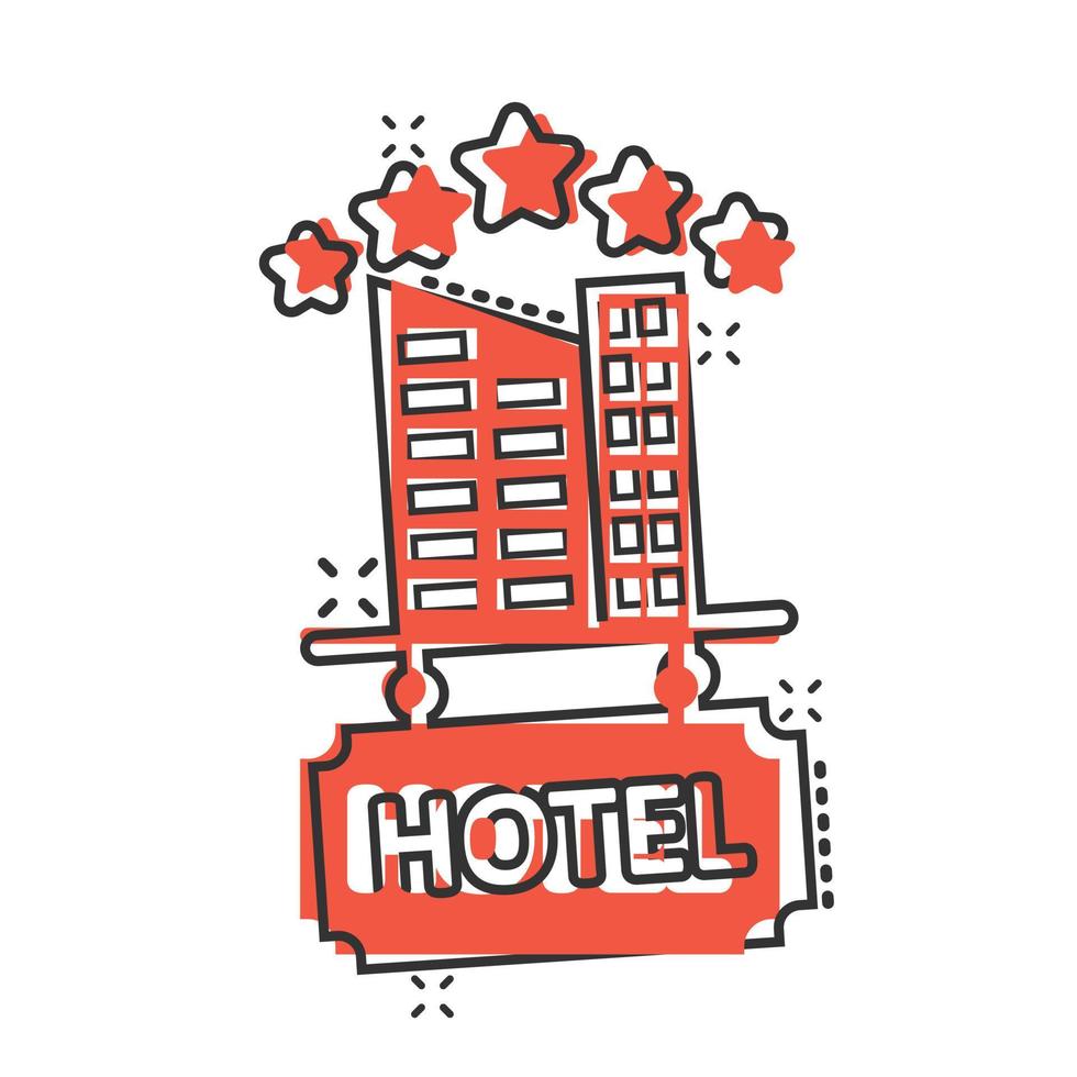 Hotel 5 stars sign icon in comic style. Inn building cartoon vector illustration on white isolated background. Hostel room splash effect business concept.