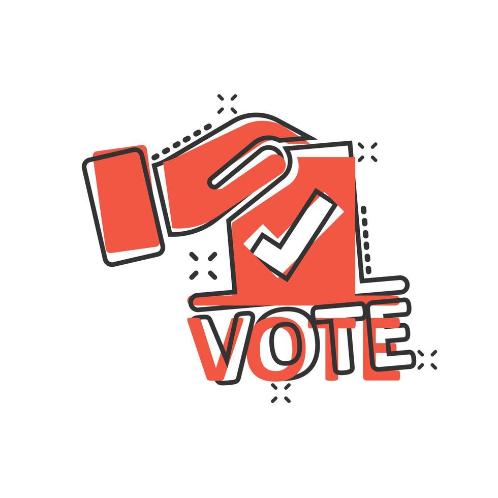 Vote icon in comic style. Ballot box cartoon vector illustration on white isolated background. Election splash effect business concept.