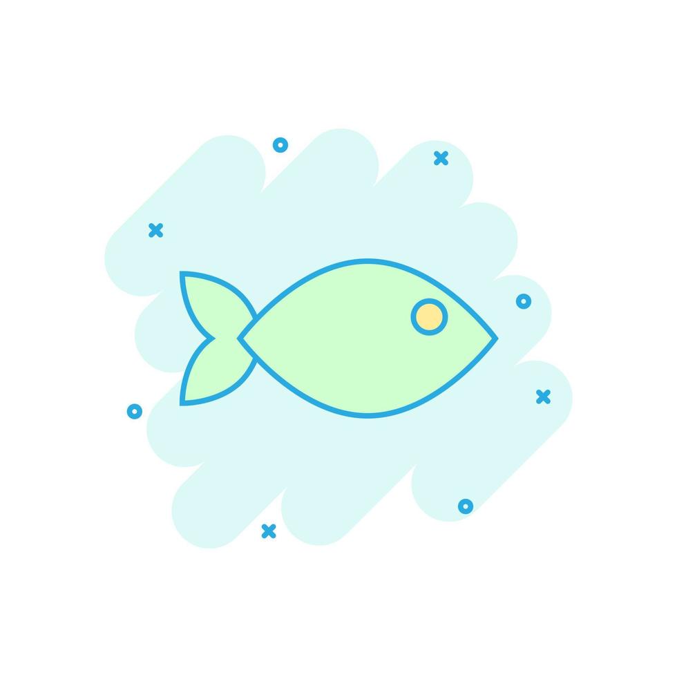 icono de signo de pescado en estilo cómico. ilustración de dibujos animados de vector de pez dorado sobre fondo blanco aislado. efecto de salpicadura del concepto de negocio de mariscos.