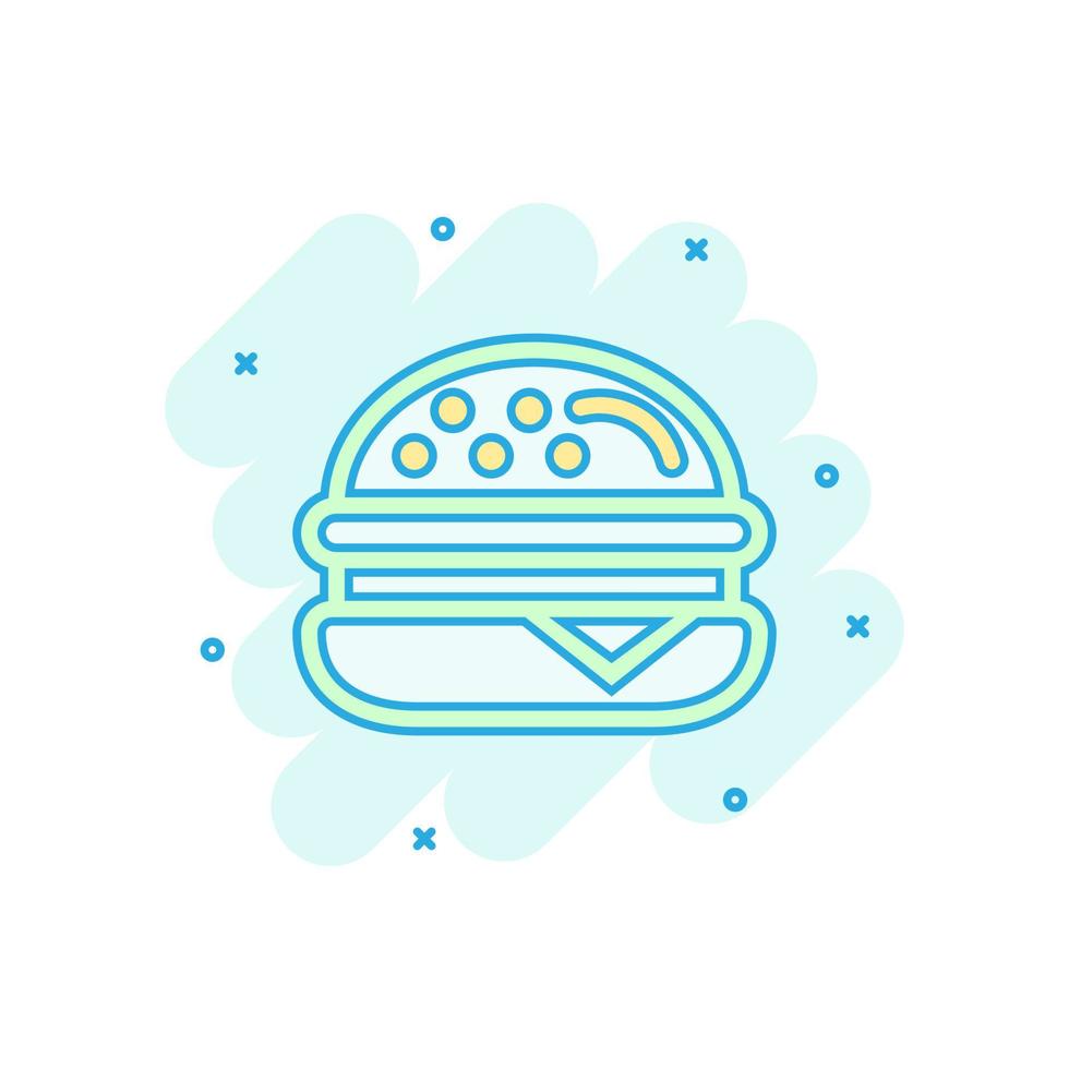 Burger sign icon in comic style. Hamburger vector cartoon illustration on white isolated background. Cheeseburger business concept splash effect.