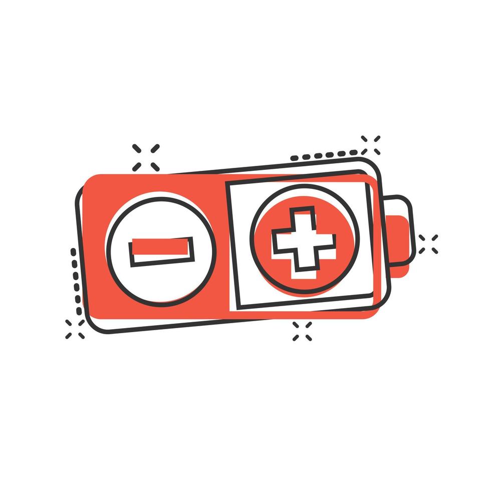 Battery charge icon in comic style. Power level cartoon vector illustration on white isolated background. Lithium accumulator splash effect business concept.