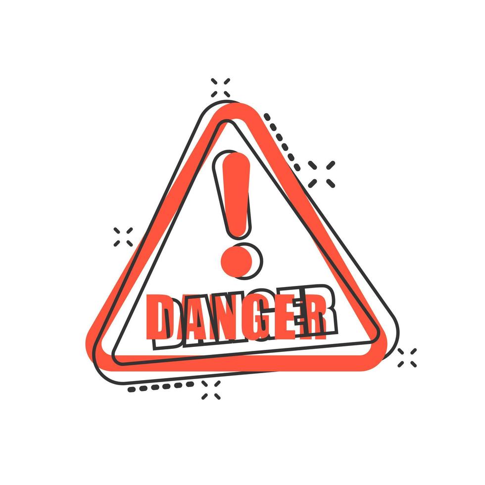 Exclamation mark icon in comic style. Danger alarm vector cartoon illustration on white isolated background. Caution risk business concept splash effect.
