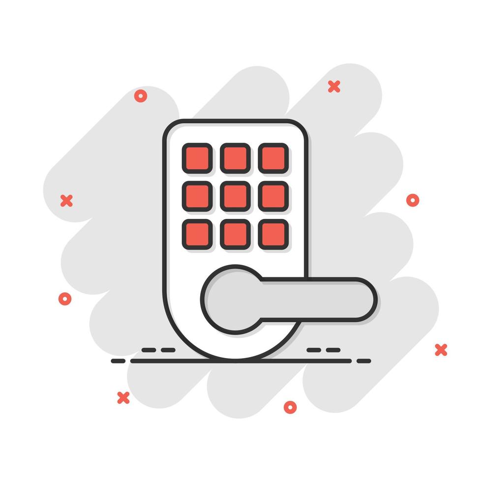 Wireless door lock sign icon in comic style. Smart home vector cartoon illustration on white isolated background. Remote system business concept splash effect.