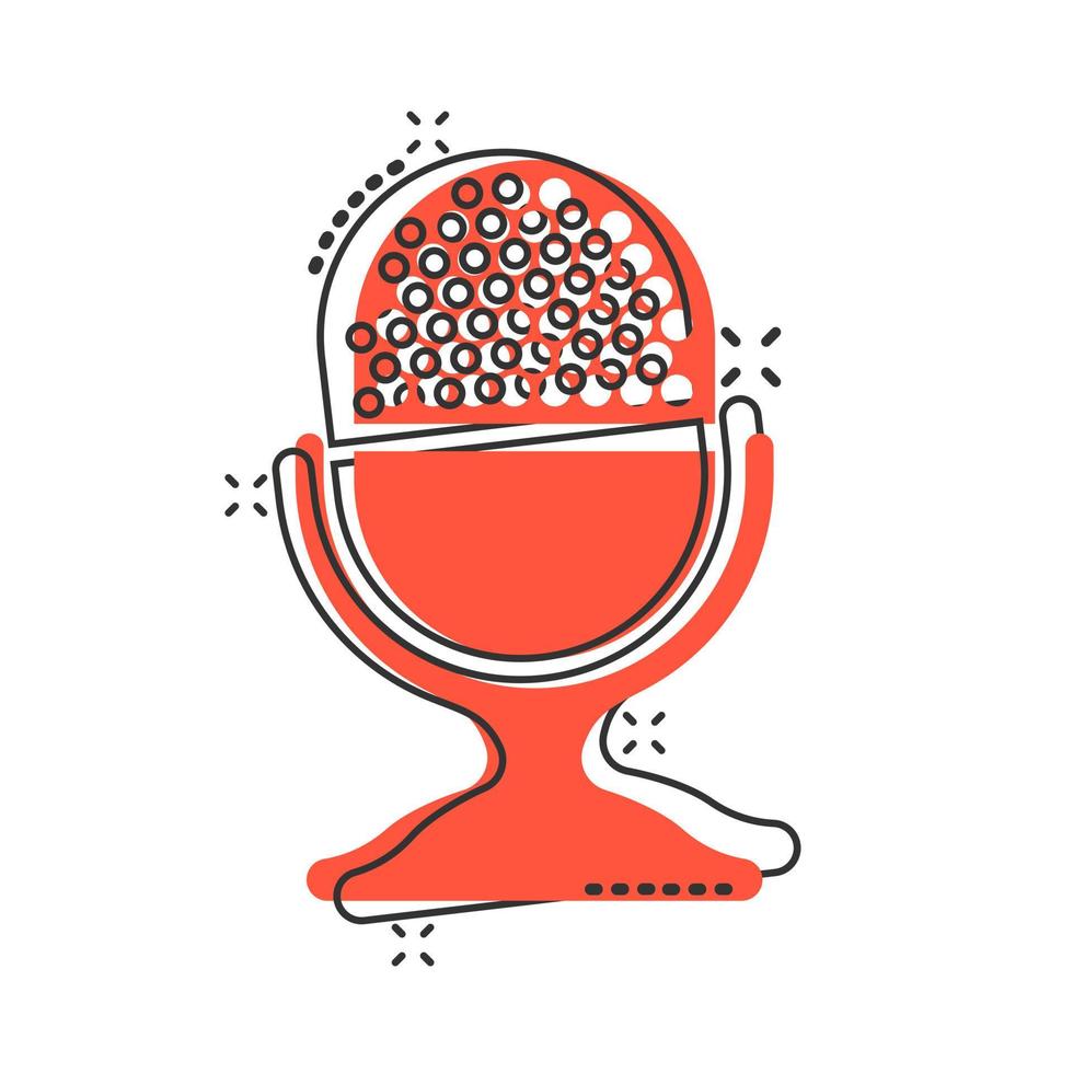 Microphone icon in comic style. Mic broadcast vector cartoon illustration pictogram. Microphone mike speech business concept splash effect.