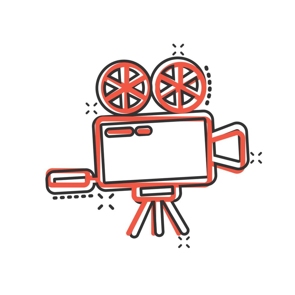 Projector icon in comic style. Cinema camera cartoon vector illustration on white isolated background. Movie splash effect business concept.