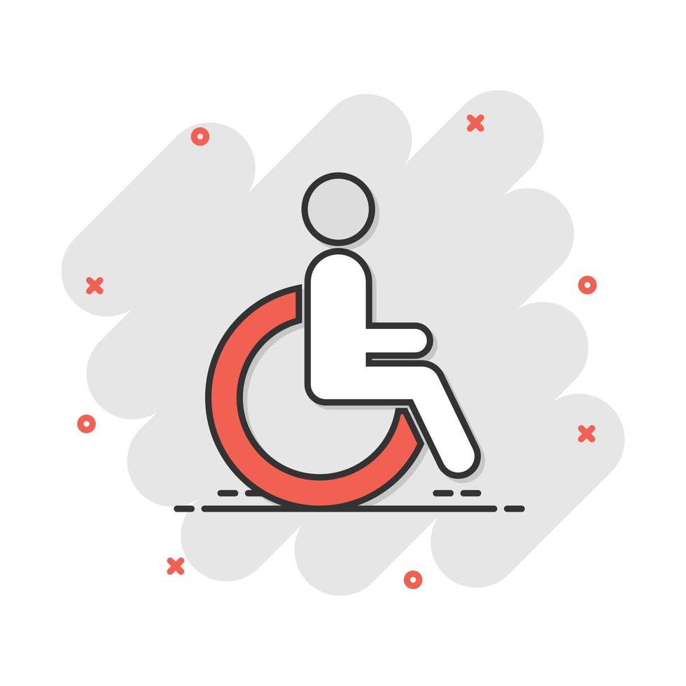 Vector cartoon man in wheelchair icon in comic style. Handicapped invalid sign illustration pictogram. People business splash effect concept.