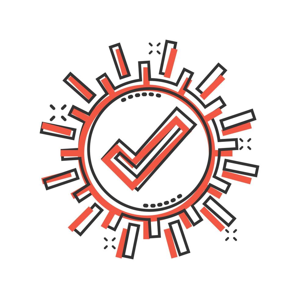 Check mark sign icon in comic style. Confirm button cartoon vector illustration on white isolated background. Accepted splash effect business concept.