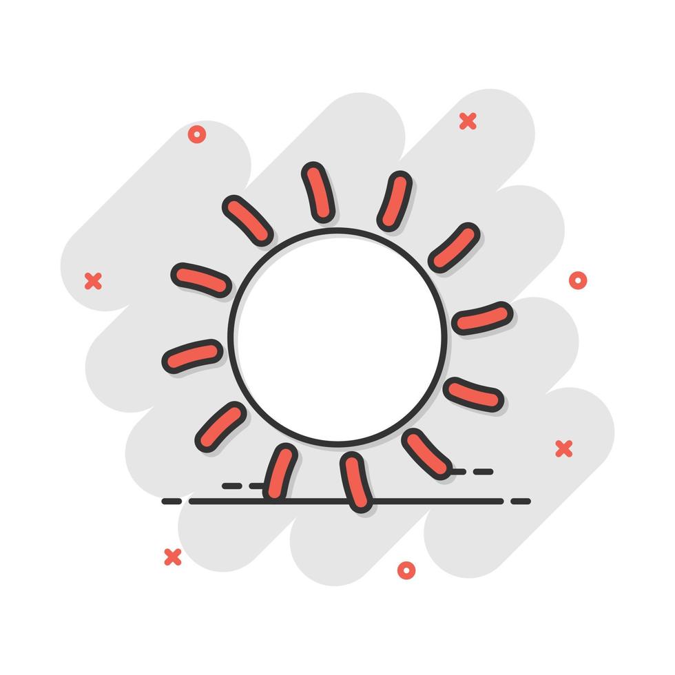 icono de sol de dibujos animados vectoriales en estilo cómico. sol con pictograma de ilustración de signo de rayo. concepto de efecto de salpicadura de negocio de sol. vector