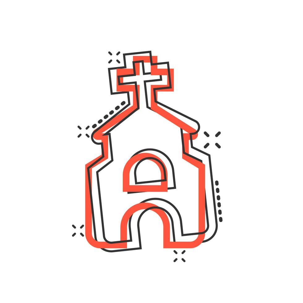 Church icon in comic style. Chapel vector cartoon illustration on white isolated background. Religious building business concept splash effect.