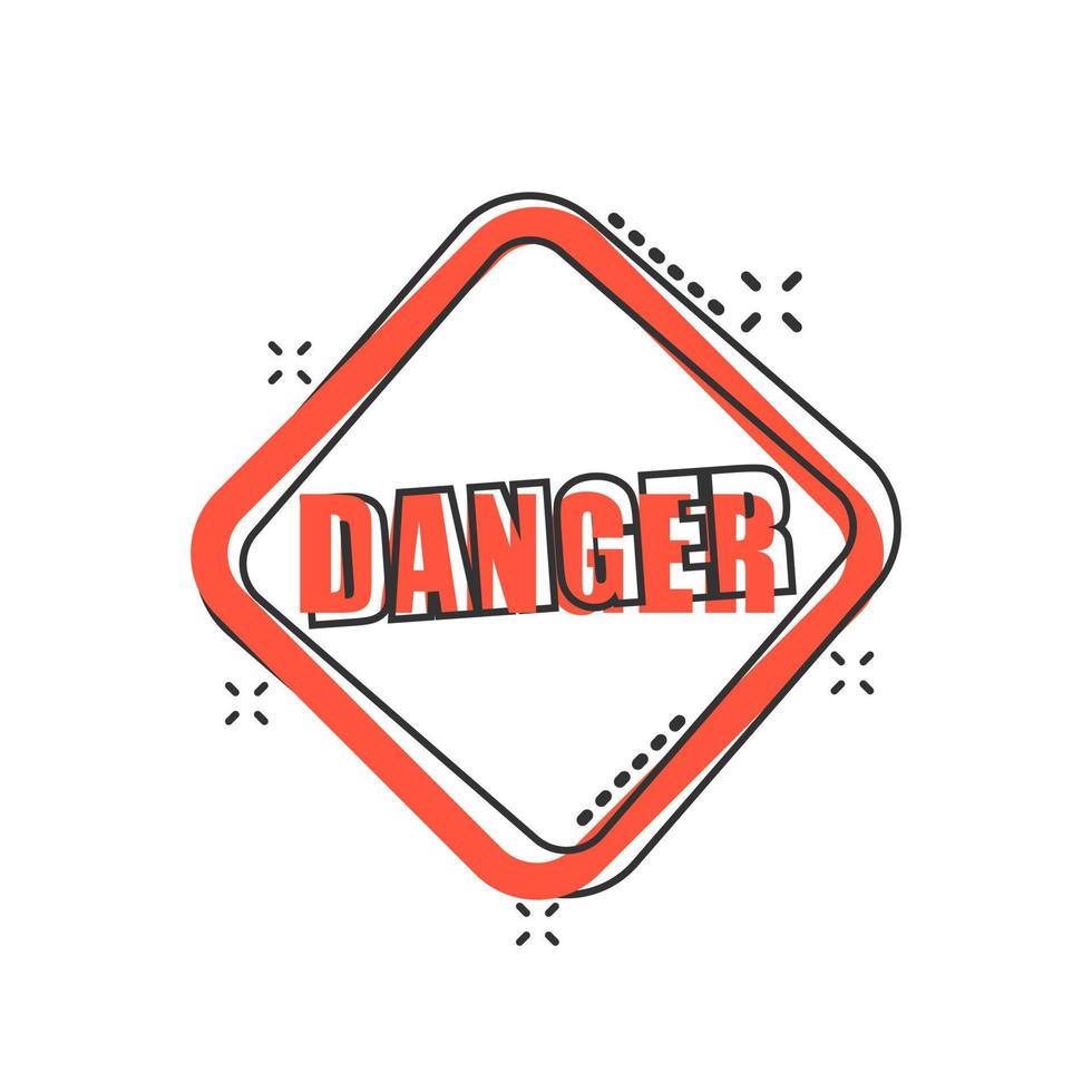 Exclamation mark icon in comic style. Danger alarm vector cartoon illustration on white isolated background. Caution risk business concept splash effect.