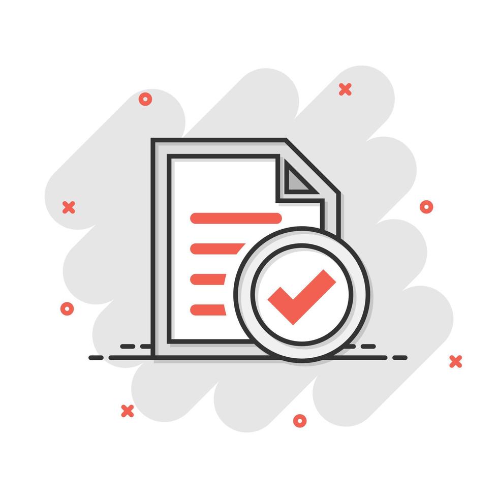 Compliance document icon in comic style. Approved process vector cartoon illustration on white isolated background. Checkmark business concept splash effect.