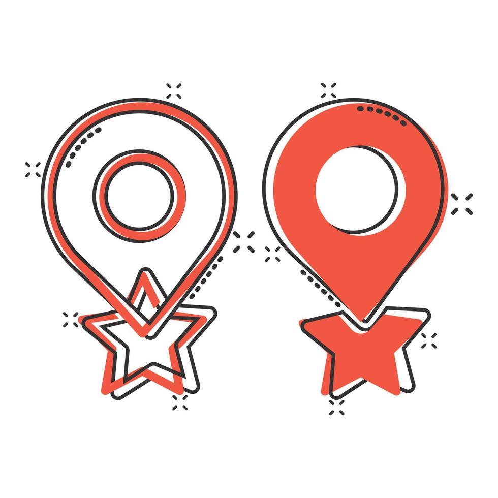 Map pin icon in comic style. GPS navigation cartoon vector illustration on white isolated background. Locate position splash effect business concept.