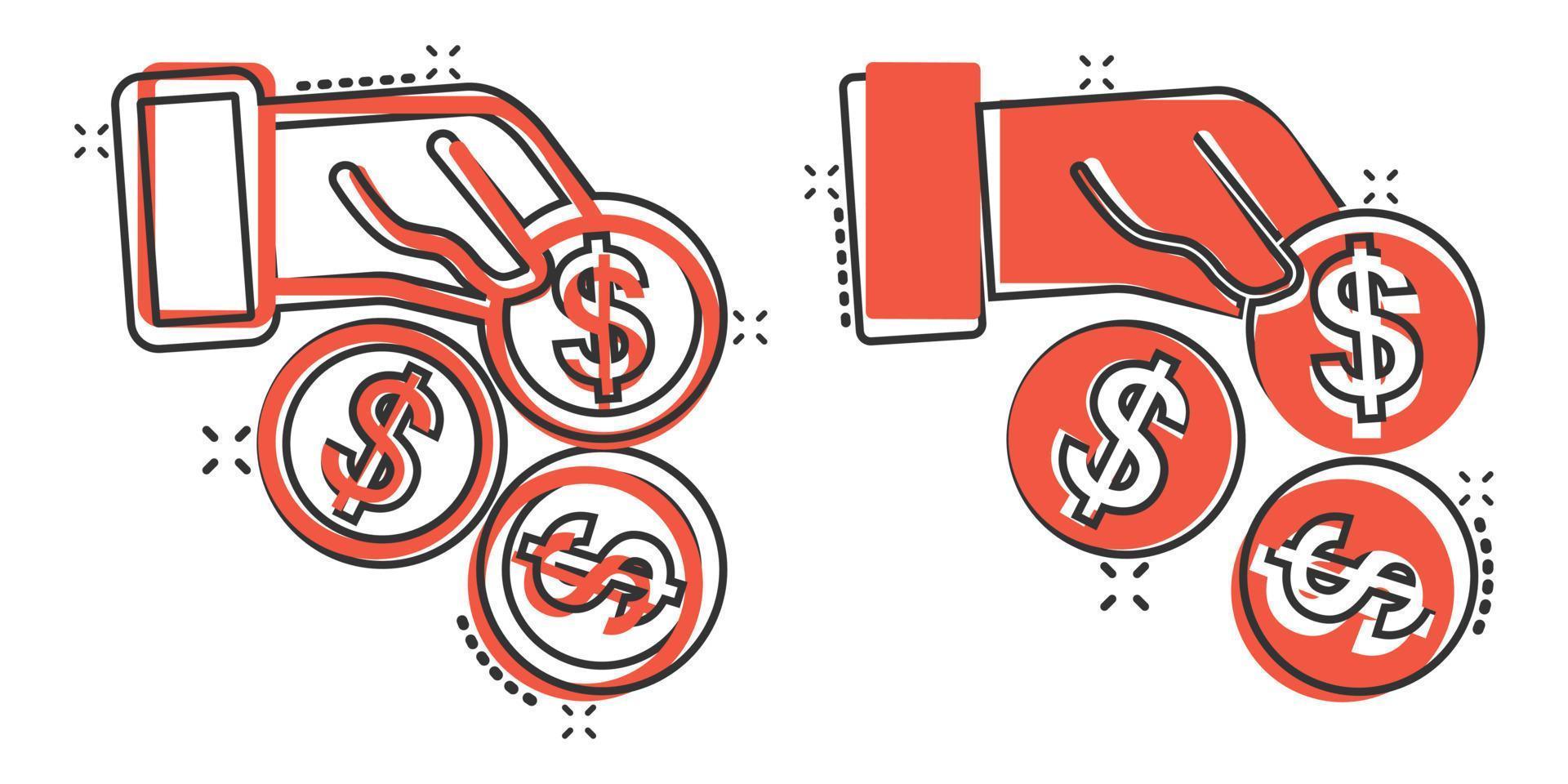 Remuneration icon in comic style. Money in hand cartoon vector illustration on white isolated background. Coin payroll splash effect business concept.