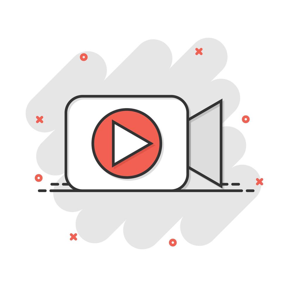 Video camera icon in comic style. Movie play vector cartoon illustration pictogram. Video streaming business concept splash effect.