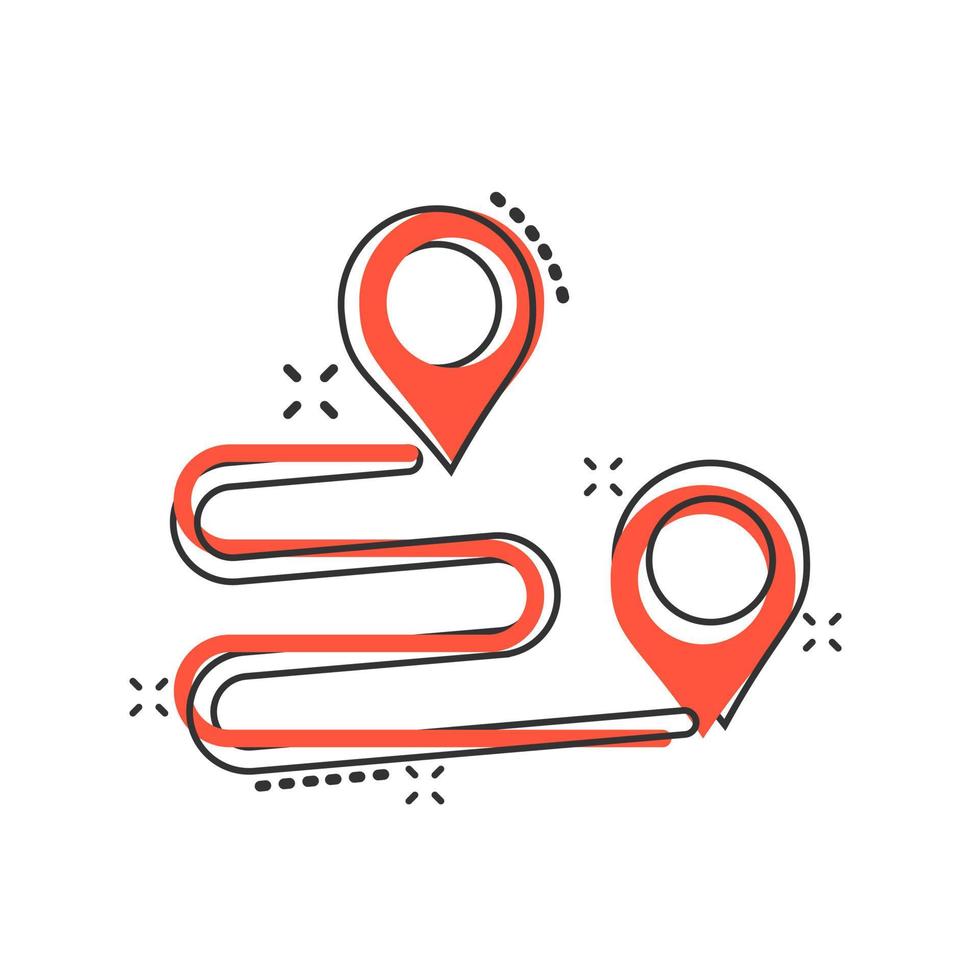 Move location icon in comic style. Pin gps vector cartoon illustration on white isolated background. Navigation business concept splash effect.