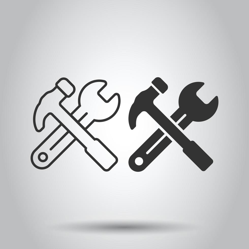 Hammer with wrench icon in flat style. Work instrument vector illustration on white isolated background. Repair equipment business concept.