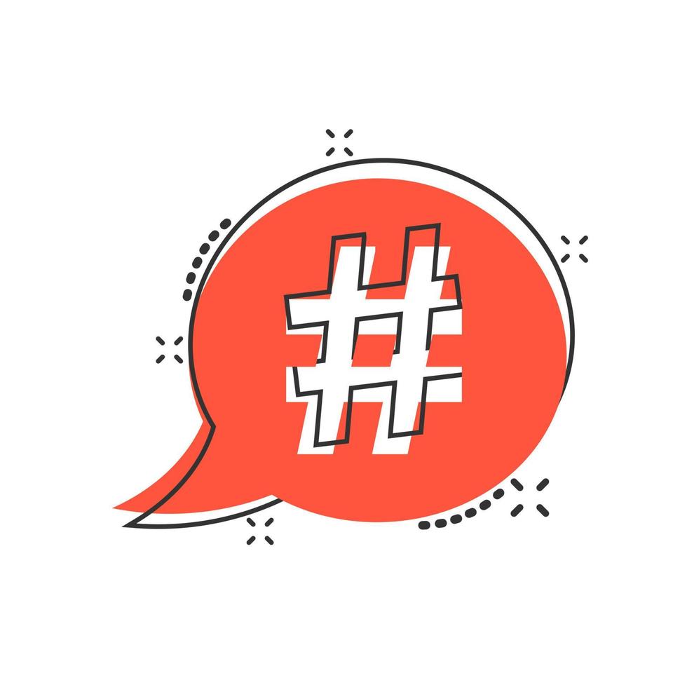 Vector cartoon hashtag icon in comic style. Social media marketing concept illustration pictogram. Hashtag network business splash effect concept.
