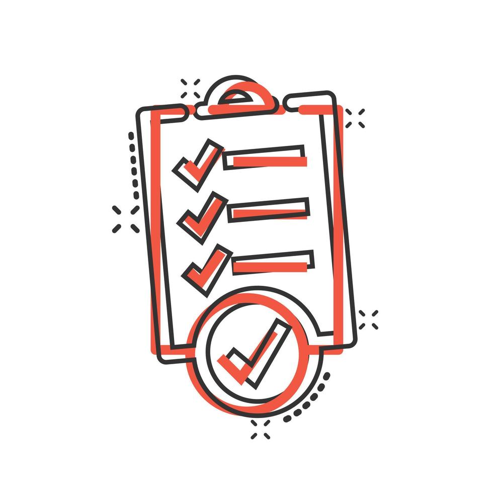 To do list icon in comic style. Document checklist cartoon vector illustration on white isolated background. Notepad check mark splash effect business concept.